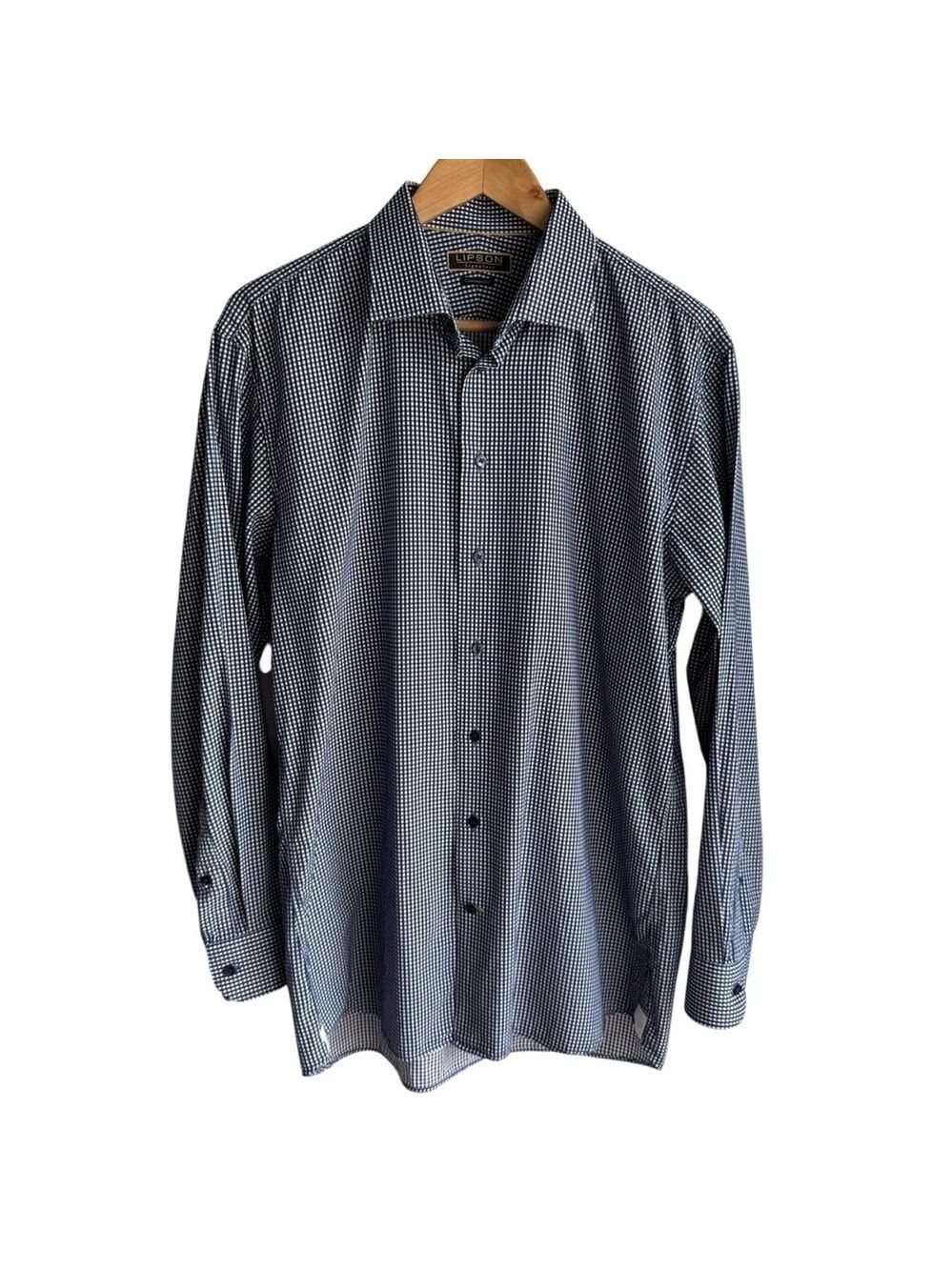 Lipson Shirtmakers Plaid Dress Shirt Mens Large 16.5 Navy 100% Cotton Office EUC